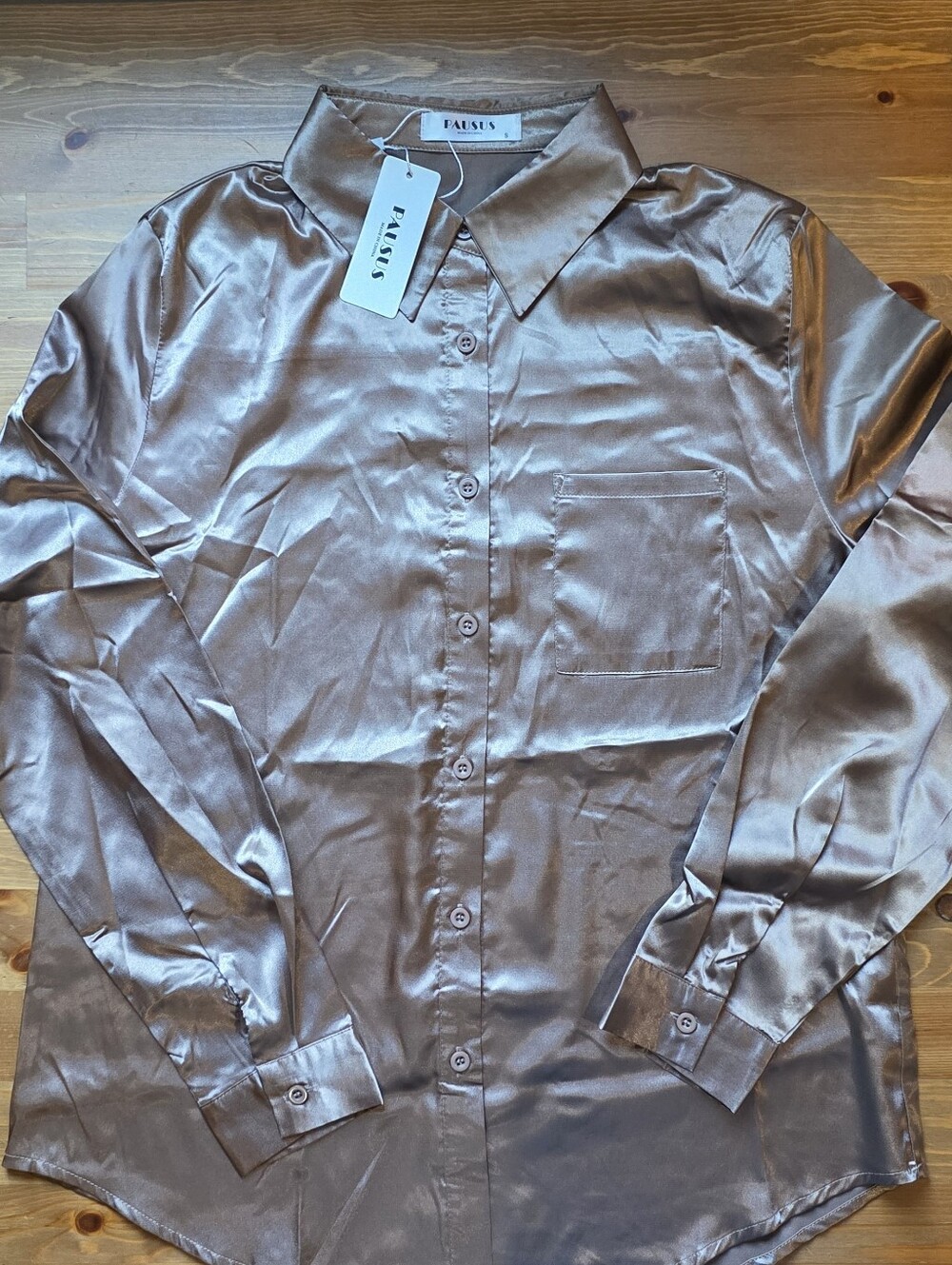 Womens Satin Dress Shirt in Taupe Sheen